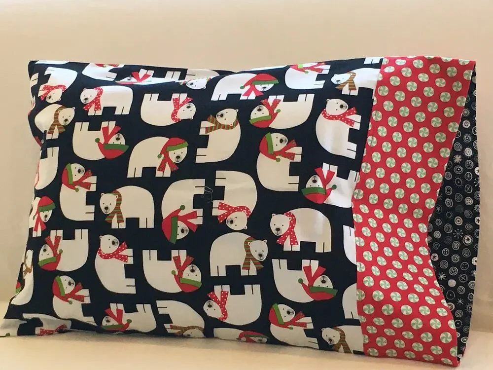 Handmade Christmas Polar Bear Toddler or Travel Pillowcase, Designer Cotton